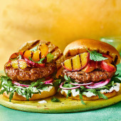 Balsamic beef burgers with whipped feta and charred peaches