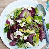 Puy lentil, goats’ cheese and beetroot salad
