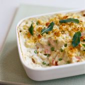 Cheat's macaroni cheese with ham, peas and Stilton