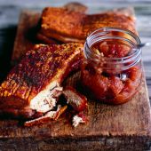 Roast pork belly with apple, sour cherry and fennel chutney 