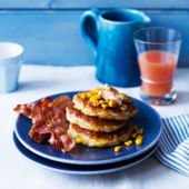 Sweetcorn ricotta pancakes with sweet crispy bacon 