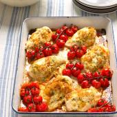 Chicken with pesto, Taleggio and roasted peppers