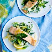 Bay-steamed salmon with tarragon veg 