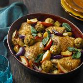 Easy roast chicken with apples and mini stuffing balls 