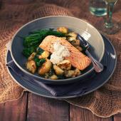 Roast salmon fillets with a crème fraîche and caper sauce 