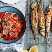 Barbecued piri piri sardines with tomato and onion salad  