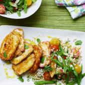 Halloumi with runner bean, tomato and mint couscous