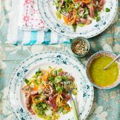 Seared beef salad with carrot noodles and tahini dressing