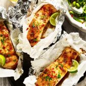 Soy and ginger salmon parcels with sesame sugar snap salad 