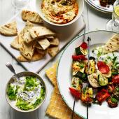 Veggie halloumi kebabs with freekeh, orange and walnut salad
