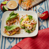 Satay noodle lettuce wraps with prawns and mango