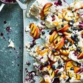 Blueberry, peach and coconut pavlova smash