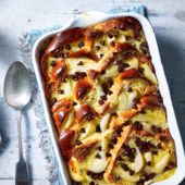 Pear and chocolate brioche pudding