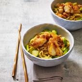 Teriyaki cod and Brussels sprout noodles