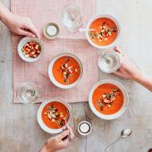 Gazpacho with apple salsa and smoky seeds