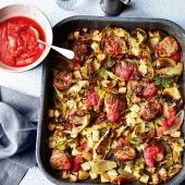 Pork and winter veg traybake with speedy rhubarb relish