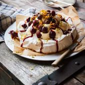 Cherry and pistachio pavlova