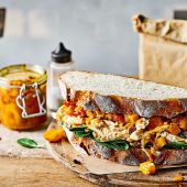 Coronation chicken and mango piccalilli sandwich