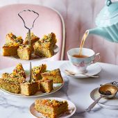 Pistachio and apricot cake with camomile syrup