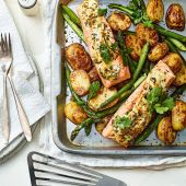 Salmon and asparagus spring traybake