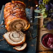 Japanese seven-spice pork belly with cranberry and orange ketchup