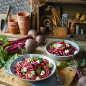 Nutty beetroot pesto pasta