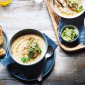 White onion soup with whipped Brie toasts