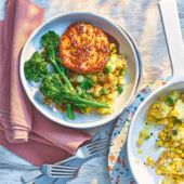 Honey-mustard bacon steaks with sweetcorn crush