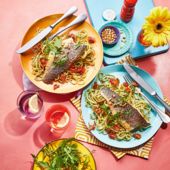 Pan-fried sea bass with pesto linguine