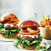 Beef and porcini burger with truffle mayo and crispy onion rings 