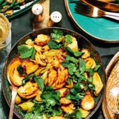 Roast potatoes and charred leeks with lime pickle dressing