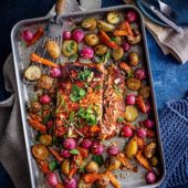 Miso salmon and vegetable traybake