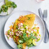 Noodle omelette with sweet chilli prawns 