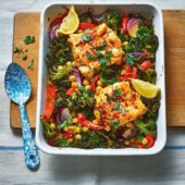 Harissa cod, chickpea and kale bake