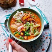 Sticky gochujang and roasted squash noodle soup 