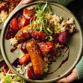 Five-spice sausages with sticky plums