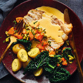 Seared cod, clementine Maltaise sauce and olive salsa