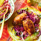 Sorrel and ginger chicken thighs with herby slaw