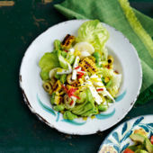 Spicy broad bean, corn and olive salad