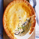 Hot-water crust chicken, leek and shiitake pie