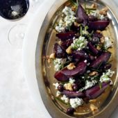 Baked beets with goats’ cheese, toasted walnuts and olives