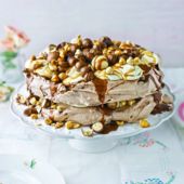 Very chocolatey salted caramel and hazelnut pavlova 