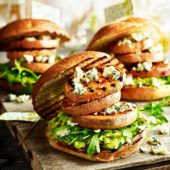 Triple sweet potato and Stilton ‘burgers’ with avocado mash 