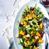 Roasted squash, olive, avocado and rocket salad