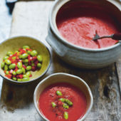 Sichuan-roasted red pepper soup with ﬁve-spice edamame relish 