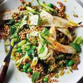 Cumin chicken with giant couscous, courgette, peas and mint