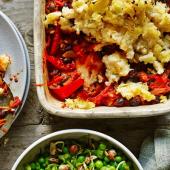 Black bean shepherd’s pie with parsnip mash and easy peas