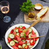 John Whaite's watermelon, cucumber and strawberry salad with gin splash