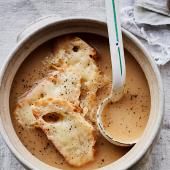 White onion soup with Gruyère croûtes