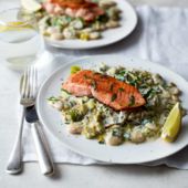 Salmon with creamy leeks and butter beans